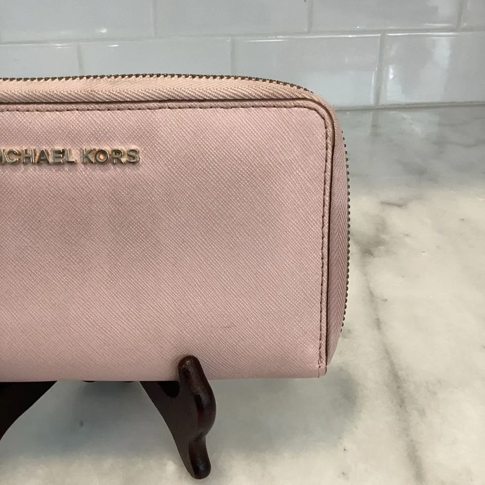 Michael Kors Wallet Leather Pink Saffiano Full Zip Continental Wallet